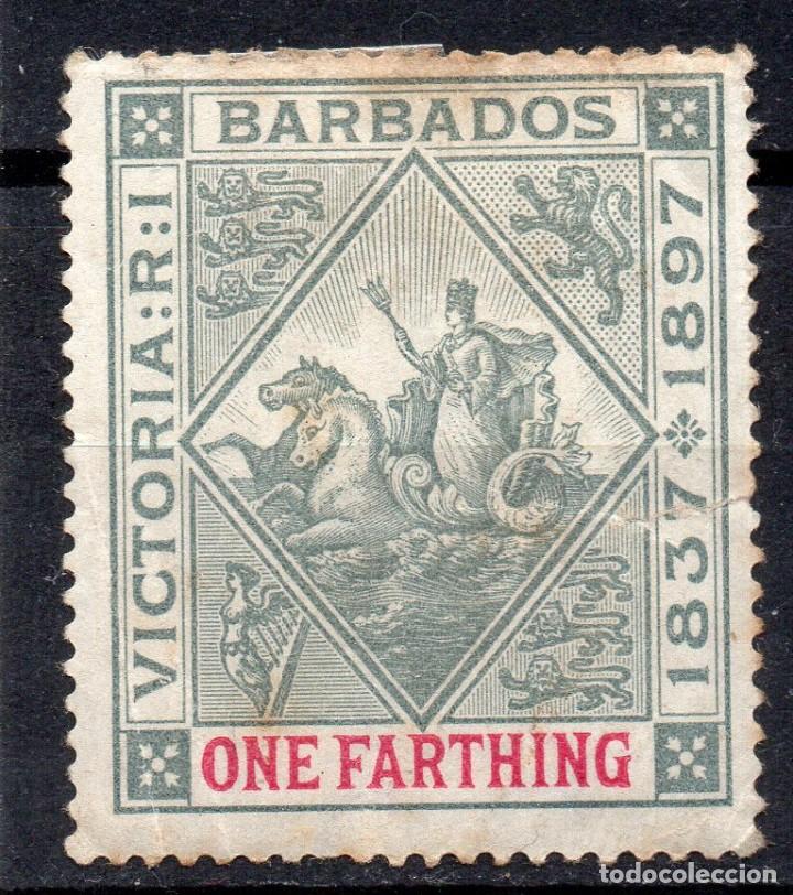 Sellos: BARBADOS/1897/MH/SC#81/ INSIGNIA DE LA COLONIA / CABALLOS / 1F GRIS & CARMINE