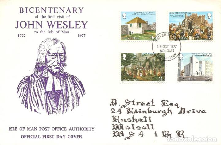 Sellos: SPD -FDC, ISLA DE MAN, 1977, BICENTENARIO JOHN WESLEY - Foto 1