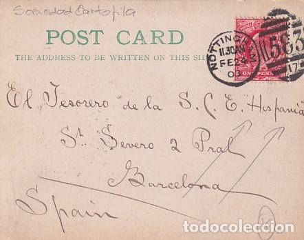 Sellos: Franqueo curioso sobre tarjeta postal Sociedad Cart&oacute;fila. Nottingham.