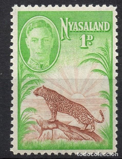 Sellos: NYASALAND/1947/MH/SC#84/ REY JORGE VI Y LEOPARDO / KGVI /REALEZA/ 1p ESMERALDA & NARANJA MARRON
