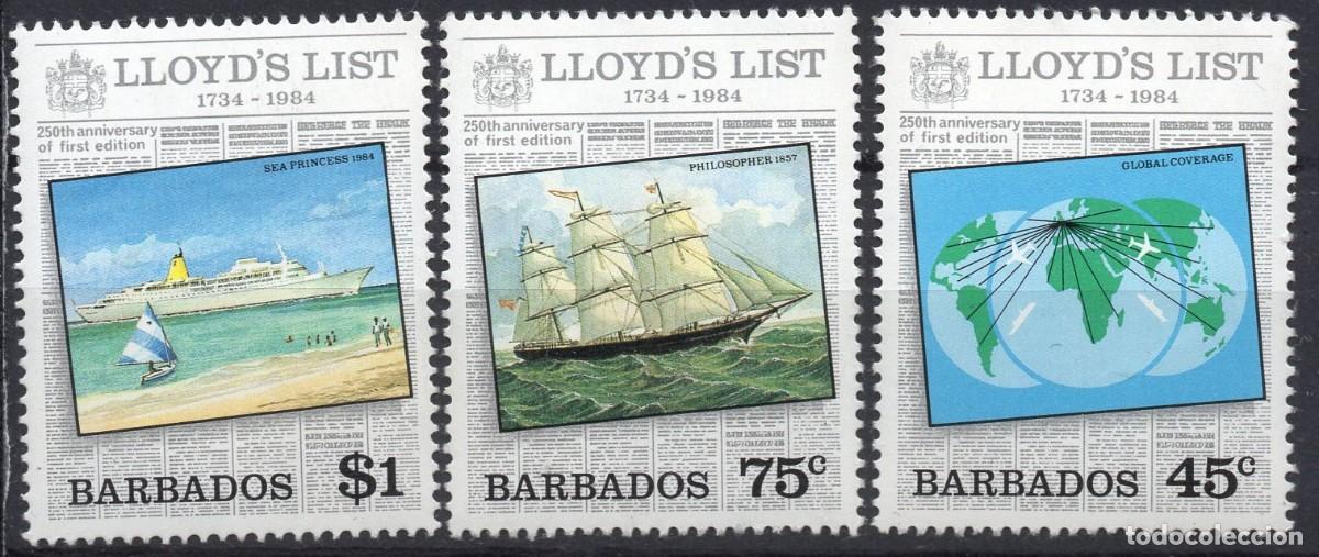 Timbres: BARBADOS/1984/MNH/SC#627, 629-30/ EMSION DE LISTA DE LLOYD/ BARCOS /MAPA /50c FALTA