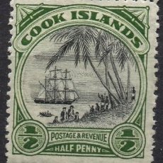 Sellos: COOK ISLANDS/1932/MH/SC#82A/ LLEGADA DEL CAPITAN COOK 1/2P VERDE OSC & NEGRO UNWMK PERF 14