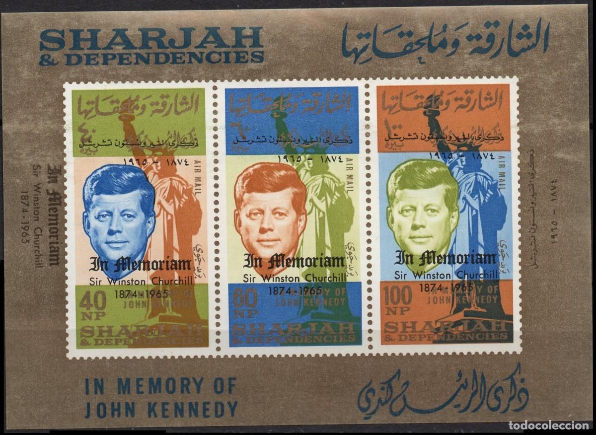Sellos: SHARJAH & DEPNDENCIES/1964/MNH/SC#C25-C26 HOJA REGALO/ JOHN F. KENNEDY / JFK, CHURCHILL SOBREIMPRESO