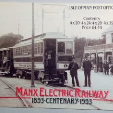 Sellos: CENTENARIO FERROCARRIL ELÉCTRICO MANX, MANX ELECTRIC RAILWAY, ISLE OF MAN POST OFFICE BOOKLET, 1993
