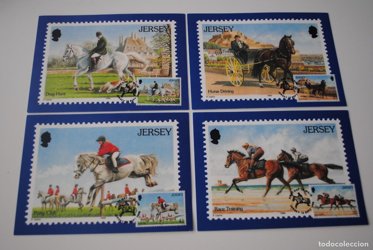 Briefmarken: LOTE 4 TARJETAS MAXIMAS - JERSEY 1996 - SERIE NO COMPLETA - CABALLOS - HIPICA