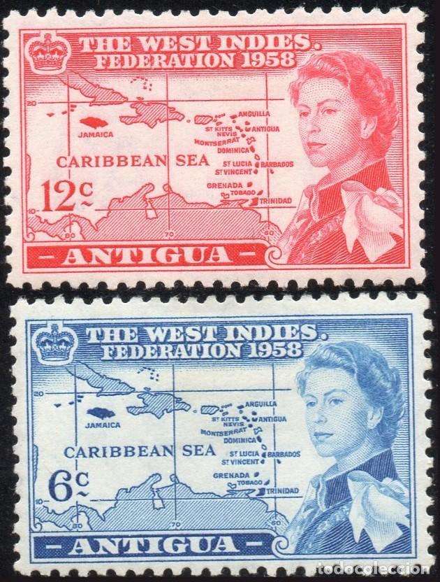 Briefmarken: ANTIGUA/1958/MH/SC#123-4/ REINA ELIZABETH / QEII / FEDERACION DE WEST INDIES/ SET PARCIAL