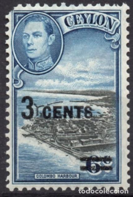 Selos: CEYLON/1941/MH/SC#291/ REY JORGE VI / KGVI / MUELLE DE COLOMBO / 3c EN 6C/ ESQUINA IZQ SUP ROTA