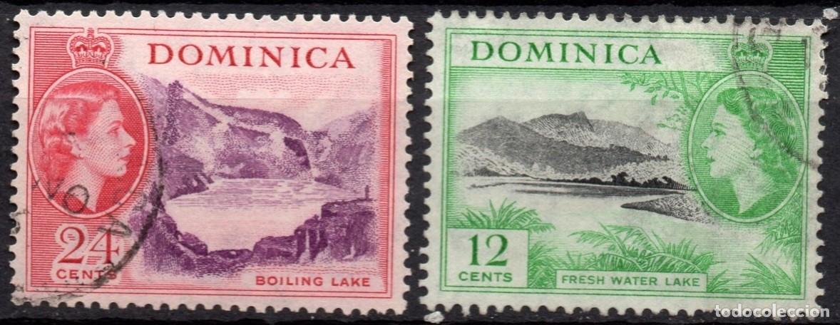 Sellos: DOMINICA/1954/USED/SC#150, 152/ REINA ELIZABETH II / QEII / PAISAJE/ SET PARCIAL