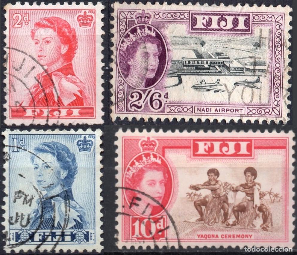 Sellos: FIJI/1959-63/USED/SC#164, 166, 170, 172/ REINA ELIZABETH II /QEII / CULTURA / PAISAJES