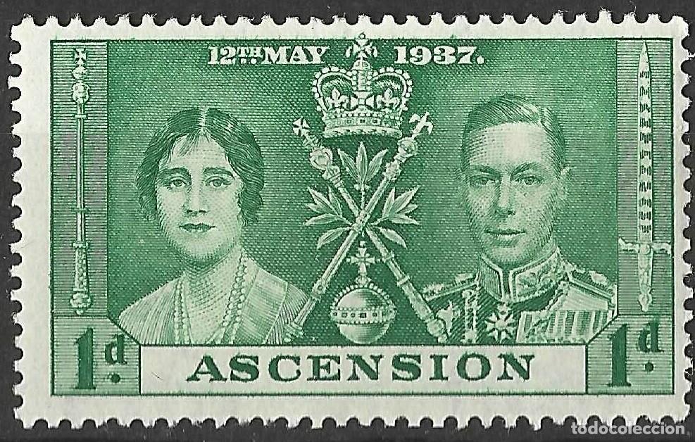 Selos: ASCENSION/1937/MH/SC#37/ REY JORGE VI / KGVI / EMISION CORONACION/ 1p VERDE OSCURO