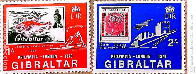 Sellos: Gibraltar. 236/37 Exposici&oacute;n Filat&eacute;lica Philympia, en Londres. 1970. Sellos nuevos y numeraci&oacute;n Yver