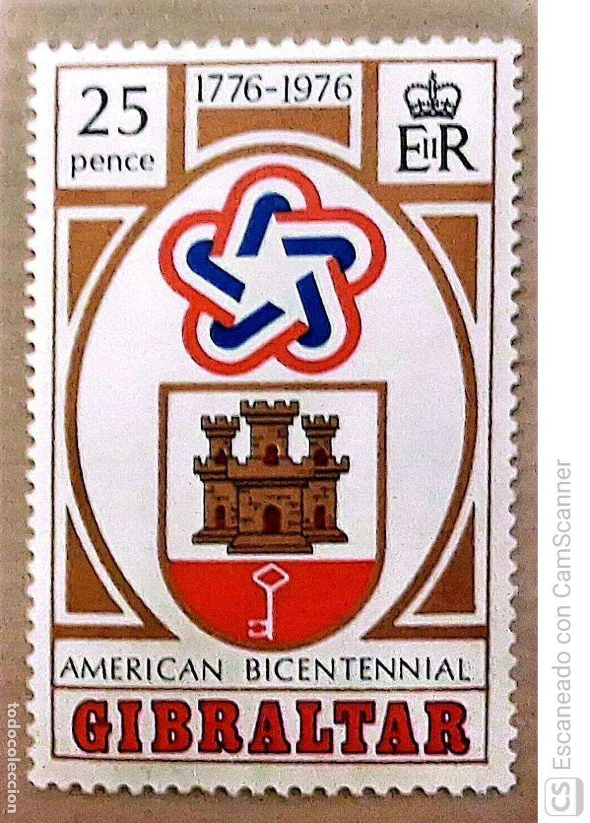 Francobolli: Gibraltar. 337 Bicentenario de la independia de los Estados Unidos. 1976. Sellos nuevos y numeraci&oacute;n