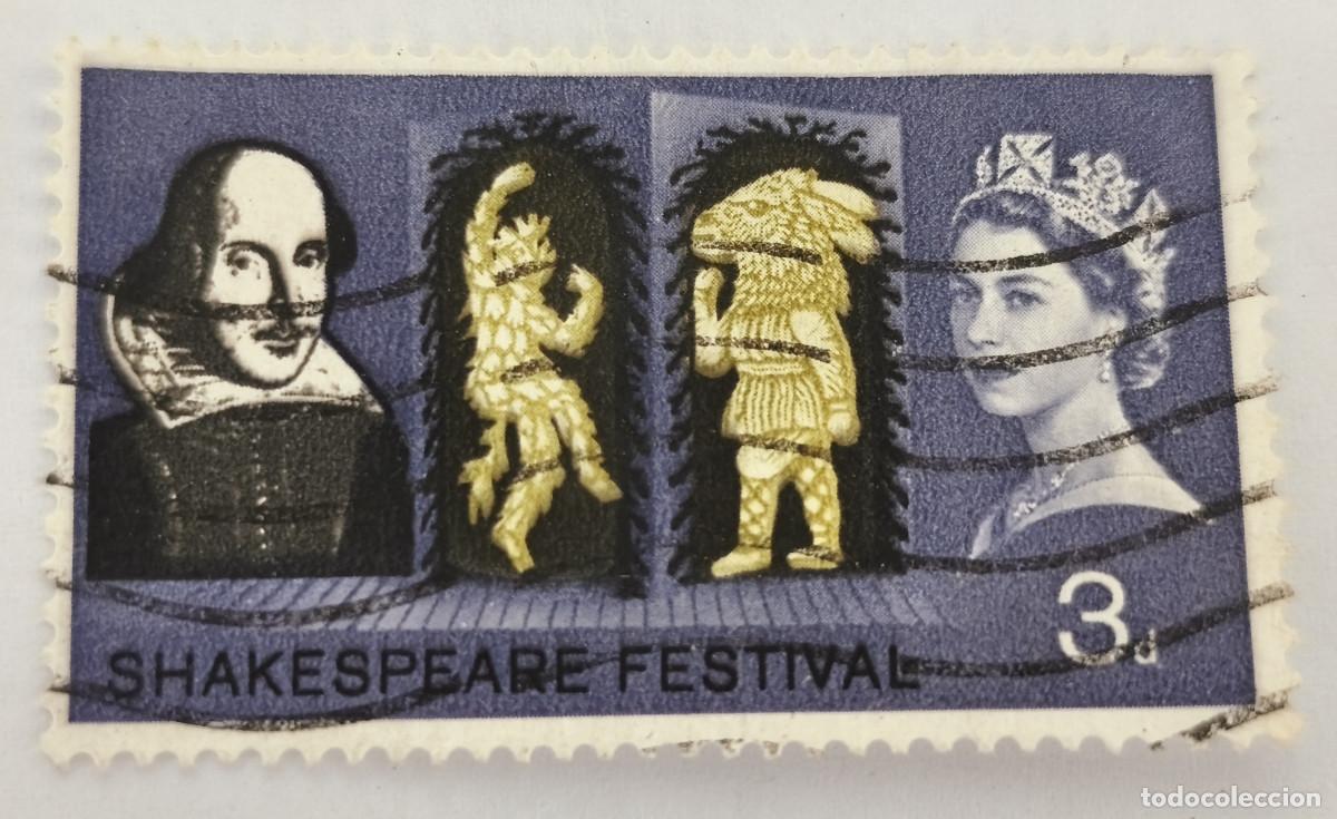 Sellos: USADO - GRAN BRETA&Ntilde;A - SHAKESPEARE FESTIVAL 3 D (Penique brit&aacute;nico) 1964 - Yvert et Tellier GB 382