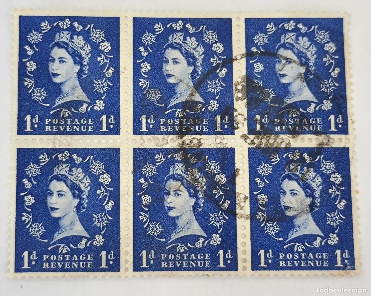 Sellos: USADO - GB - Queen Elizabeth II 1d ( bloque 6 ) - Predecimal Wilding 1954 - Yvert et Tellier GB 263a