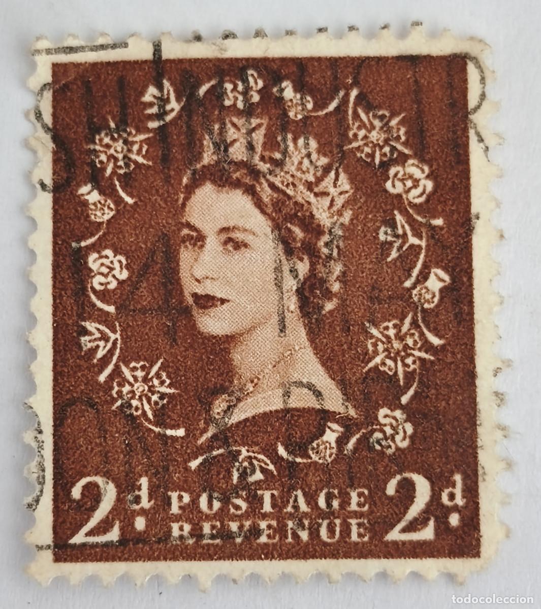 Sellos: USADO - GB - Queen Elizabeth II 2 d - Predecimal Wilding 1954 - Yvert et Tellier GB 265a