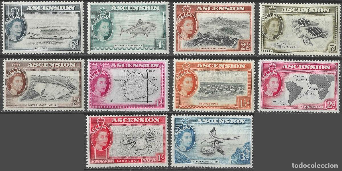 Sellos: ASCENSION/1956/MH/SC#62-71/ REINA ELIZABETH II / QEII/ REPRESA RESERVORIO/ SET PARCIAL