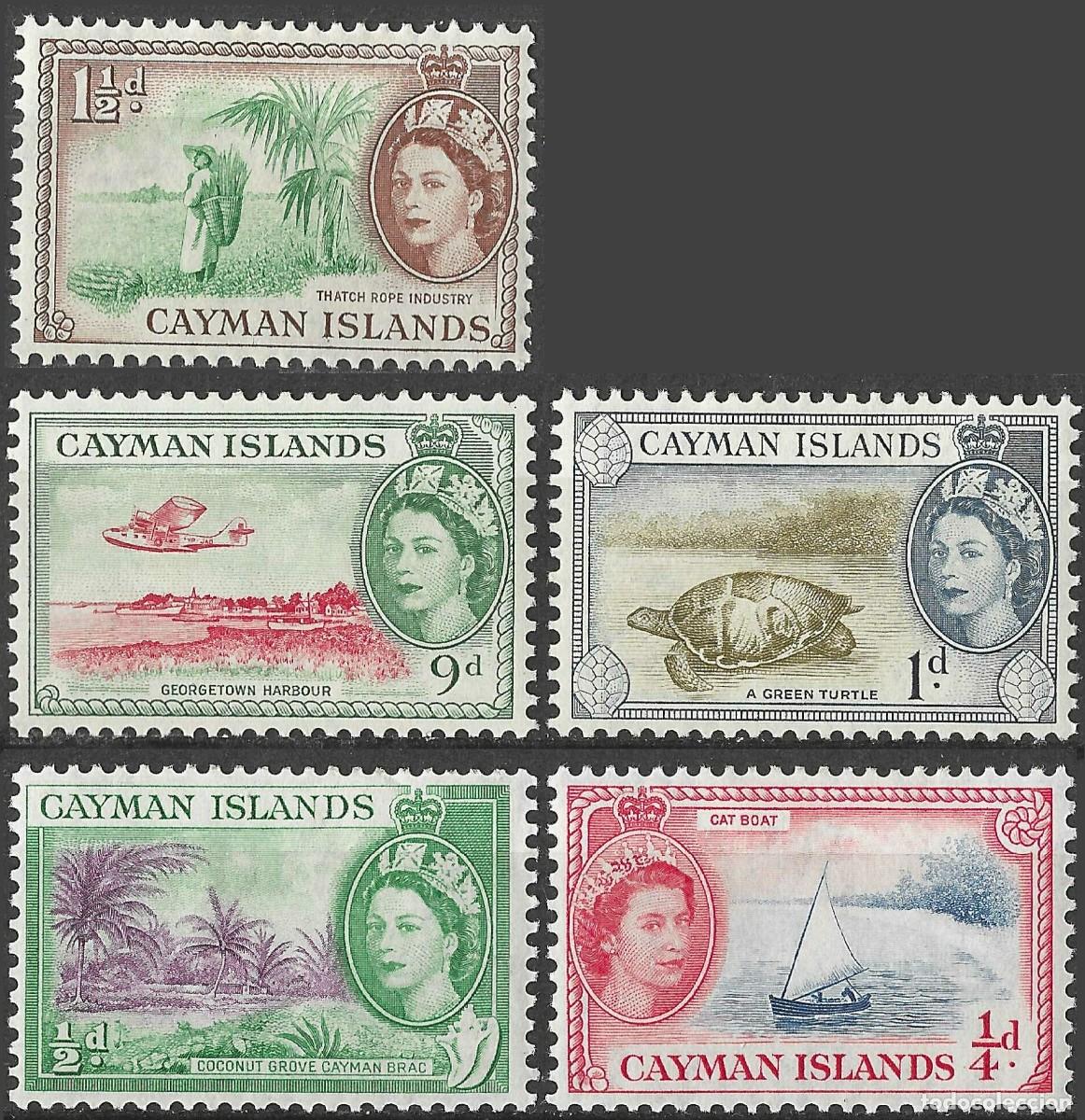 Sellos: CAYMAN ISLAND/1953-9/MH/SC#135-8, 144/ REINA ELIZABETH II /QEII / SET PARCIAL/ PAISAJES