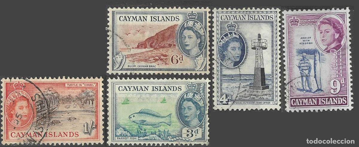 Sellos: CAYMAN ISLAND/1953-9/USED/SC#141-5/ REINA ELIZABETH II /QEII / SET PARCIAL/ PAISAJES