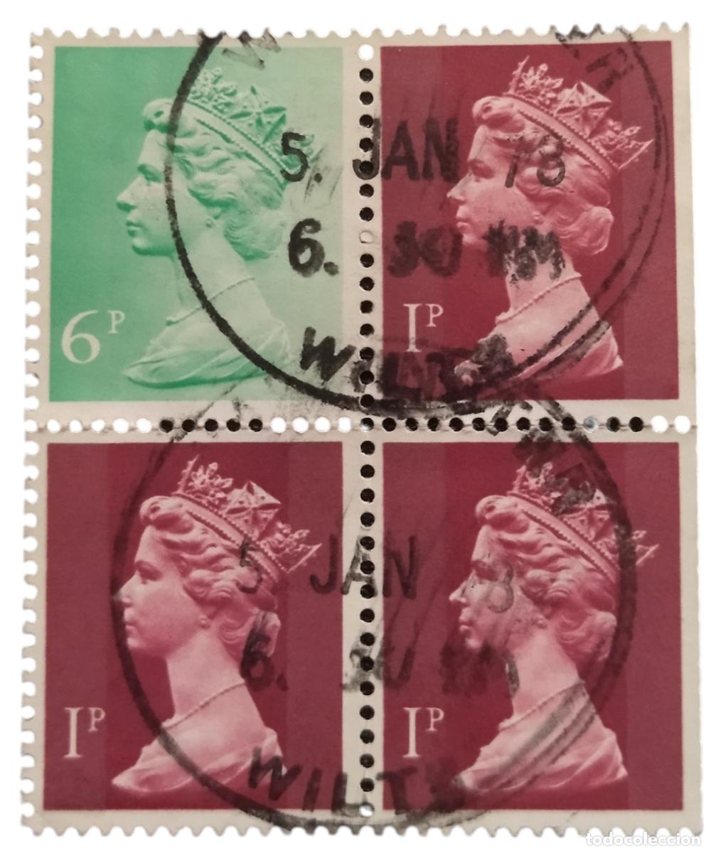 Sellos: GRAN BRETA&Ntilde;A 1976 Isabel II - Mach&iacute;n. BLOQUE DE 4 USADO.
