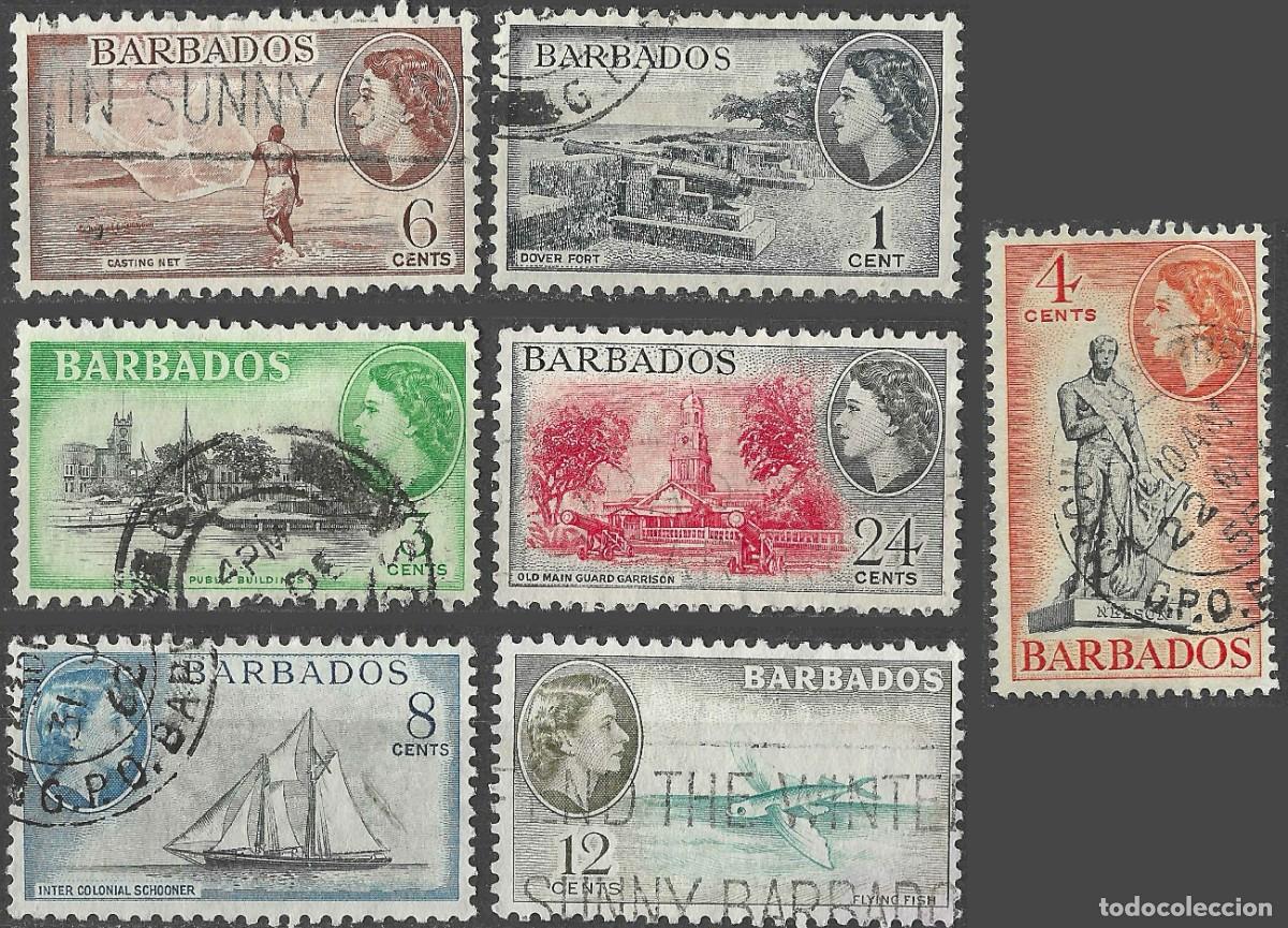 Sellos: BARBADOS/1953-7/USED/SC#235, 237-8, 240-3/ REINA ELIZABETH II/ QEII / PAISAJE/ SET PARCIAL