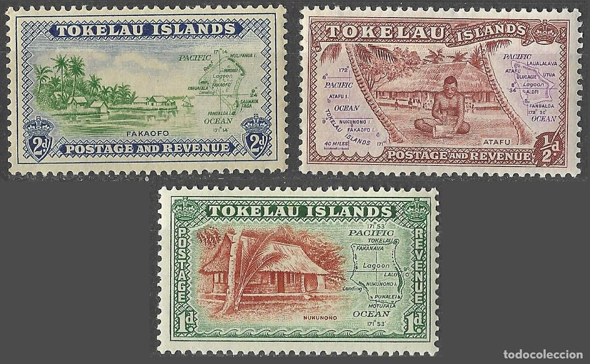 Sellos: TOKELAU/1948/MH/SC#1-3/ MAPA / PAISAJES/ NUKUNONO DWELLING / FULL SET
