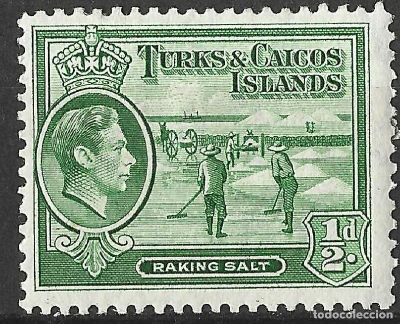 Sellos: TURKS & CAICOS ISLANDS/1938-45/MH/SC#79/ REY JORGE VI / KGVI/ REALEZA/ SALINA/ 1/2p VERDE