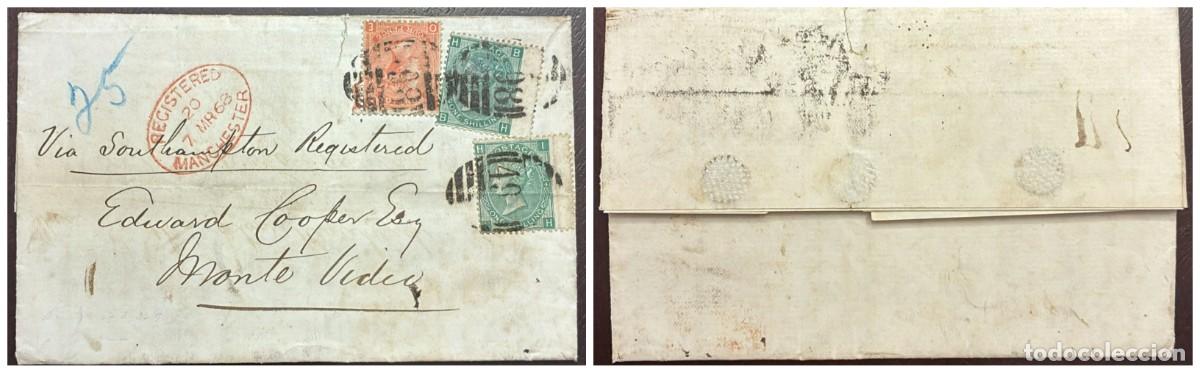 Sellos: O) 1868 GREAT BRITAIN, MANCHESTER, VIA SOUTHAMPTON, QUEEN VICTORIA, CIRCULATED TO MONTEVIDEO, ENVE