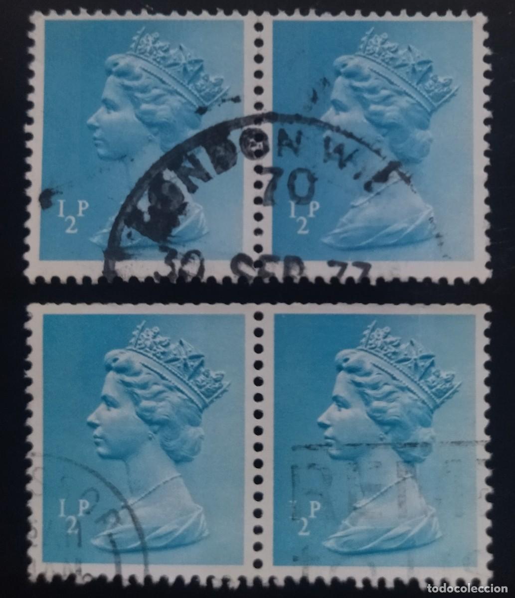 Sellos: GRAN BRETA&Ntilde;A 1971 Isabel II. 1 &frac12; P Variantes en pareja - Mach&iacute;n. USADO.