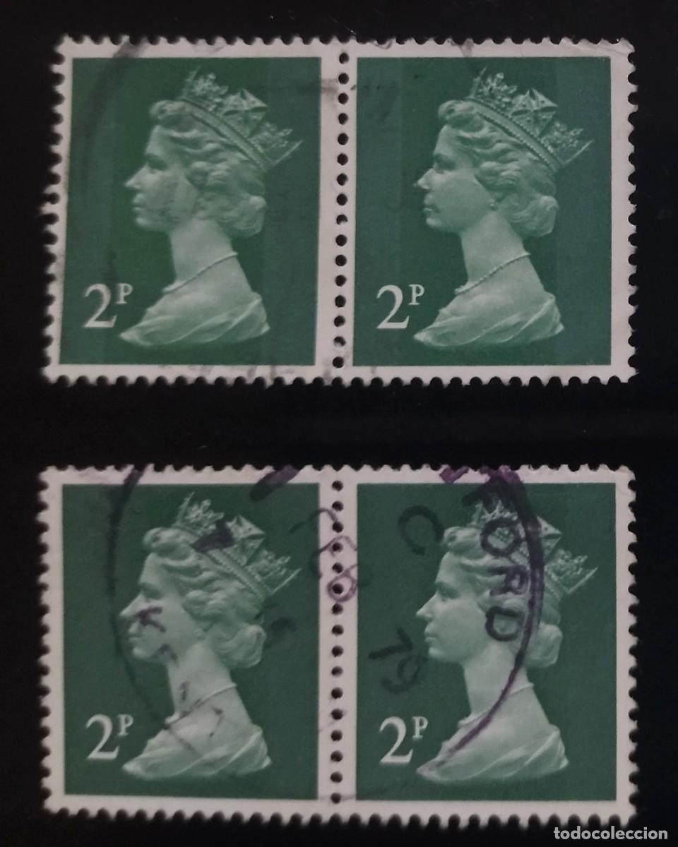 Sellos: GRAN BRETA&Ntilde;A Isabel II. 2 P Variantes en pareja - Mach&iacute;n. USADO.