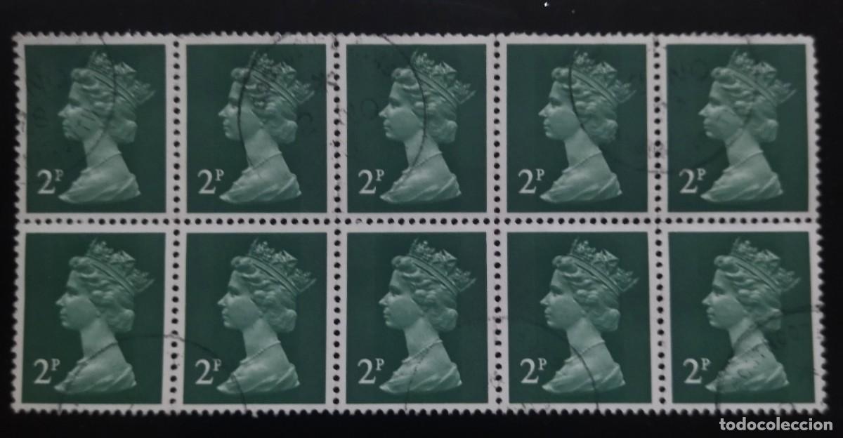 Sellos: GRAN BRETA&Ntilde;A Isabel II. 2 P Bloque de 10 sellos- Mach&iacute;n. USADO.