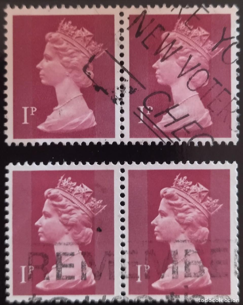 Sellos: GRAN BRETA&Ntilde;A Isabel II. 1 P Variantes en pareja - Mach&iacute;n. USADO.