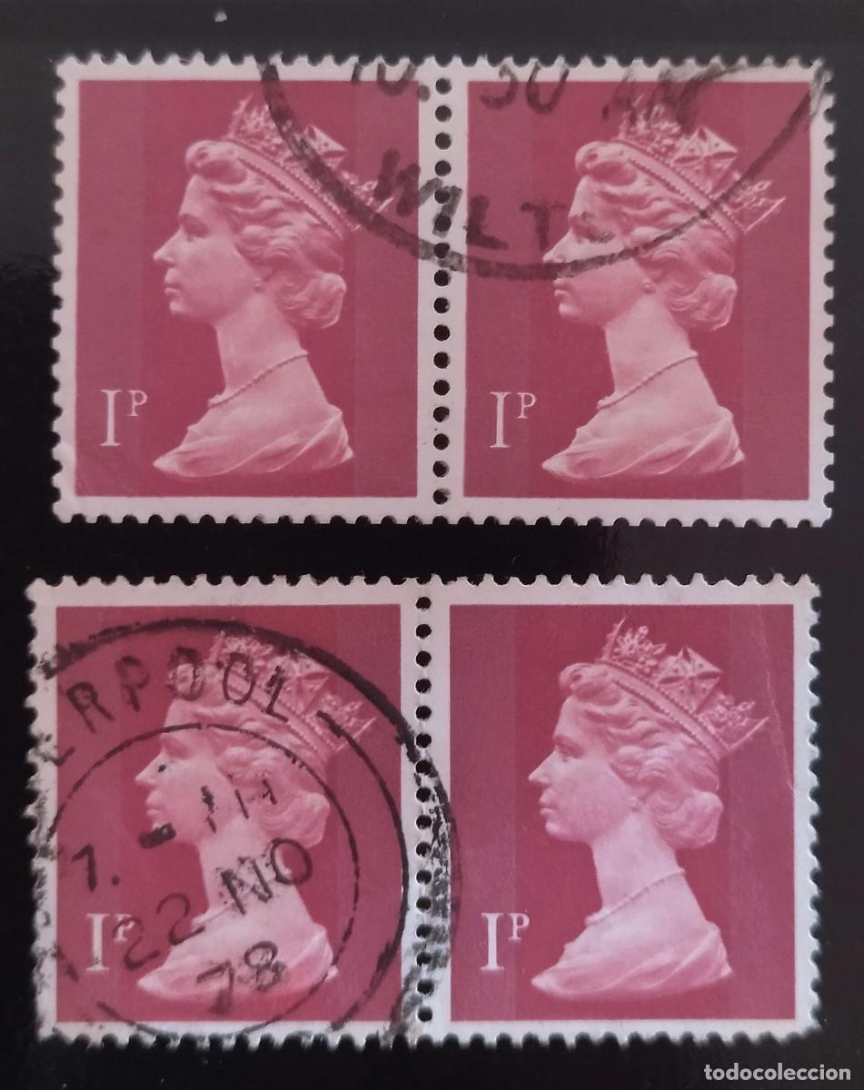 Sellos: GRAN BRETA&Ntilde;A Isabel II. 1 P Variantes en pareja - Mach&iacute;n. USADO.