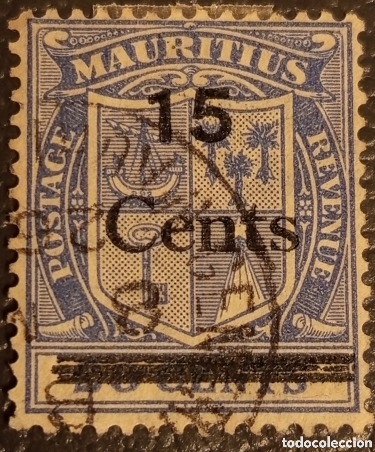 Sellos: Sello Mauricio 1925 - 15c sobre 15c Azul y Negro - Scott #157 / SG 222 - Usado