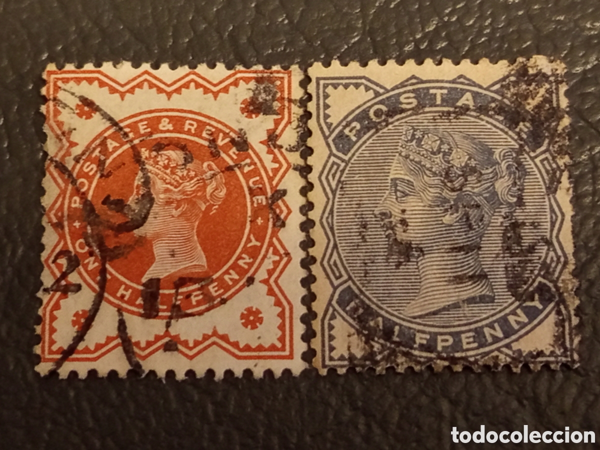 Sellos: Lote 2 Sellos Gran Breta&ntilde;a Reina Victoria: 1/2d Bermell&oacute;n (1887) y 1/2d Gris (1883)