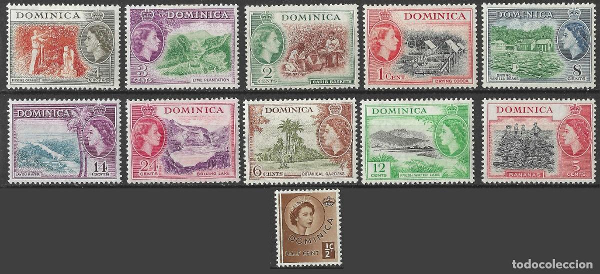 Sellos: DOMINICA/1954/MH/SC#142-52/ REINA ELIZABETH II /QEII / SET PARCIAL/ PAISAJES