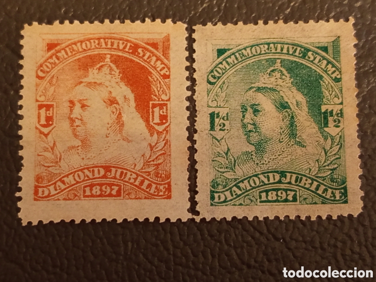 Sellos: Gran Breta&ntilde;a 1897 Jubileo Reina Victoria Pareja Sellos Cenicienta 1d + 1&frac12;d MH