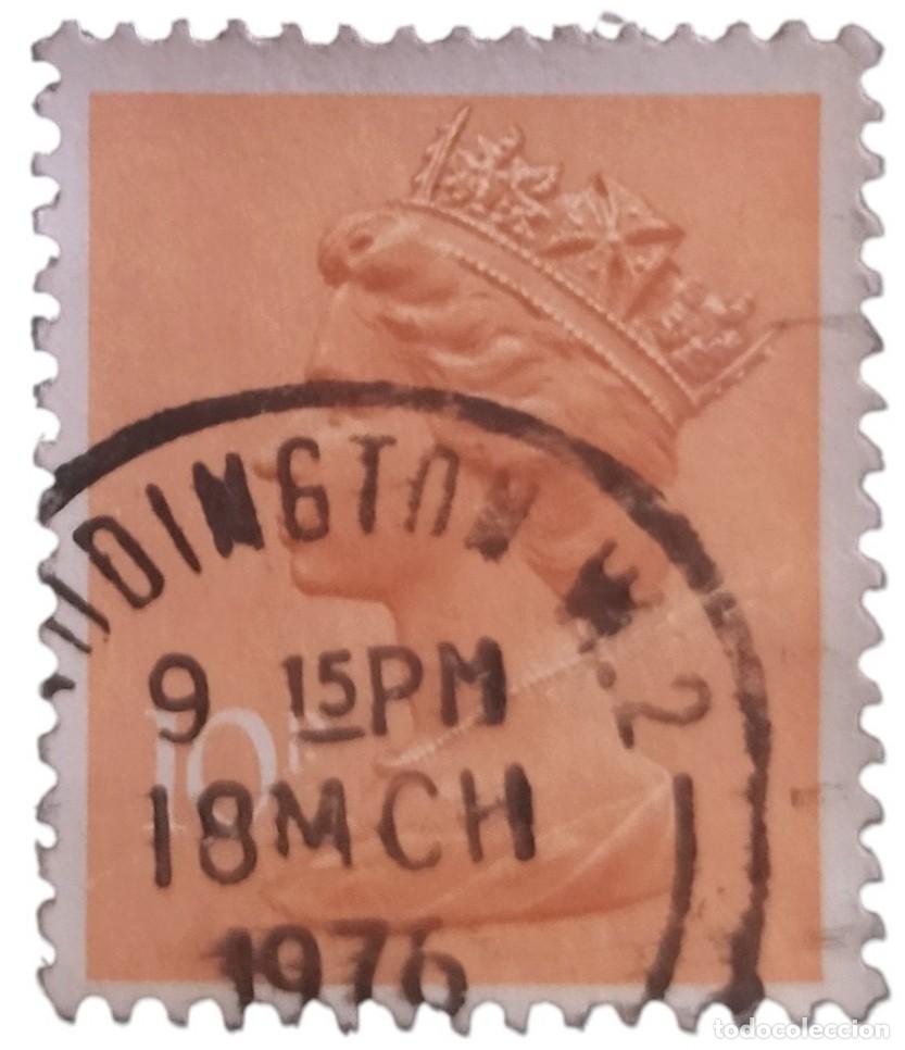 Sellos: GRAN BRETA&Ntilde;A 1976 Isabel II. 10 P - Mach&iacute;n. USADO.