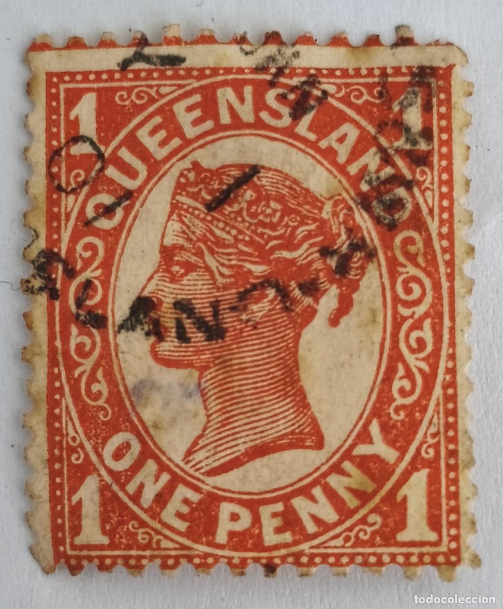 Sellos: USADOS GB QUEENSLAND ( COLONIA GB ) 1819, 1901 - Reina Elizabeth ONE PENNY - Yvert AU-QU 78