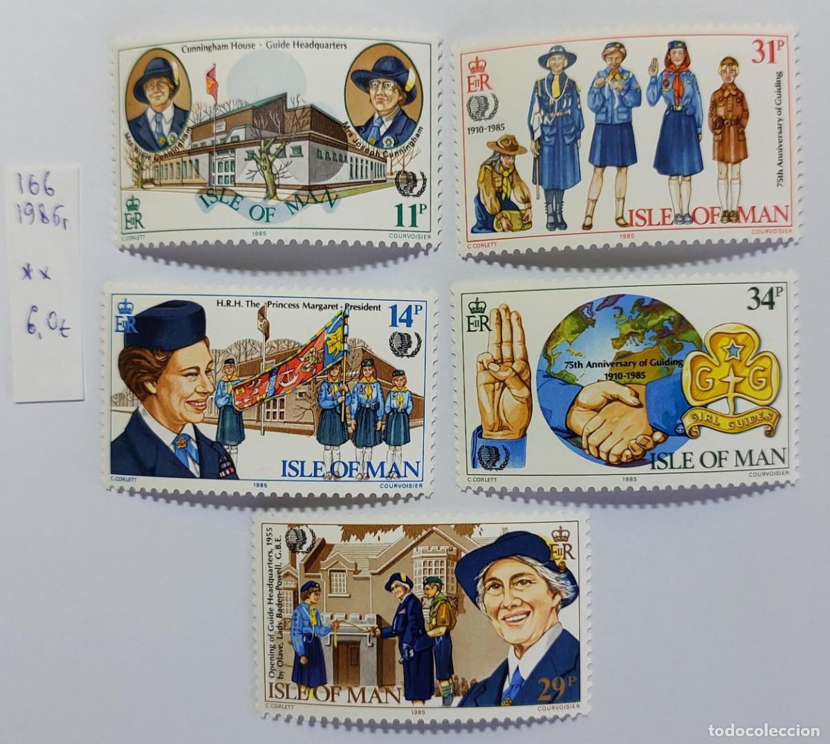 Sellos: Isla de Man 1985 Girl Guides, la sede en Cunningham House y a la princesa Margarita. ** MNH