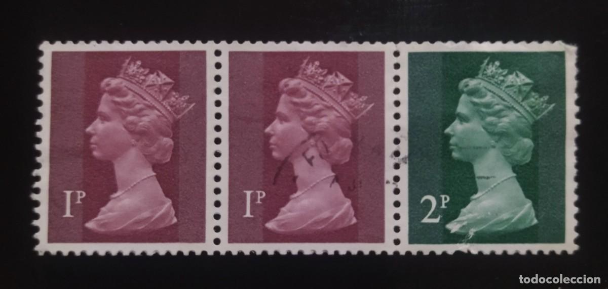 Sellos: GRAN BRETA&Ntilde;A 1971 Isabel II. Tira de 3 - Mach&iacute;n. USADO.