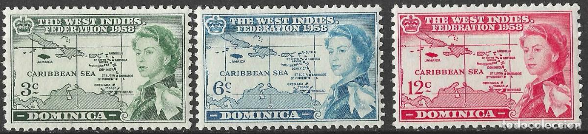 Sellos: DOMINICA/1958/MH/SC#161-3/ REINA ELIZABETH II / QEII / EMISION FEDERACION DE WEST INDIES/ FULL SET