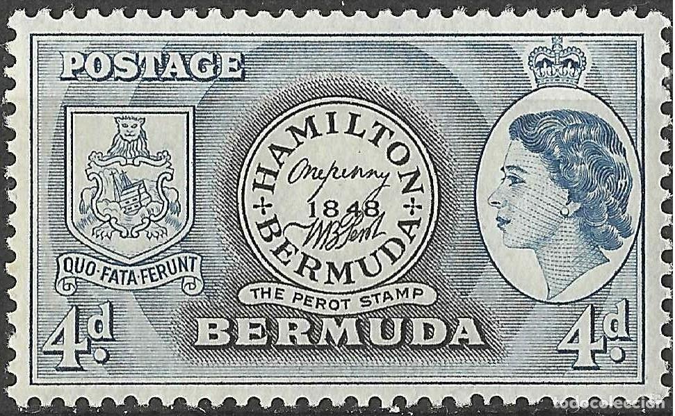 Sellos: BERMUDA/1953-8/MNH/SC#150/ POSTMASTER STAMP OF 1848 REINA ELIZABETH II/ QEII / 4p