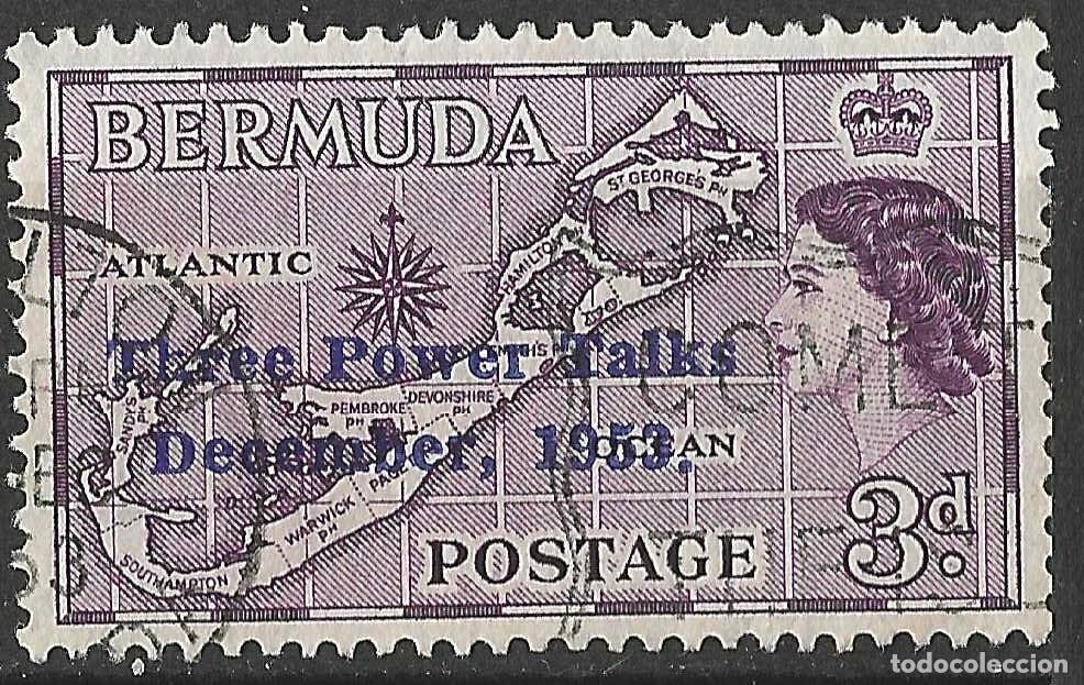 Sellos: BERMUDA/1953/USED/SC#164/ REINA ELIZABETH II / QEII / THREE POWER CONFERENCE/ 3p
