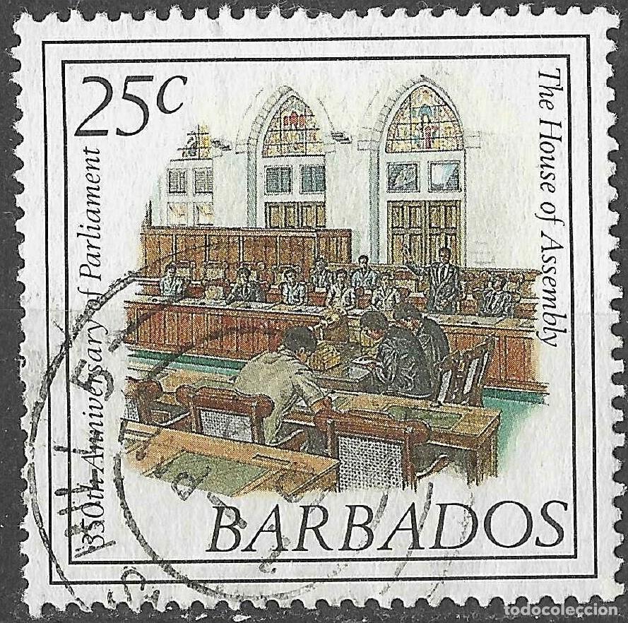 Sellos: BARBADOS/1989/USED/SC#743/ 350 &ordm; ANIVERSARIO DEL PARLAMENTO/ 25c INSATALACION DE LA CAMARA