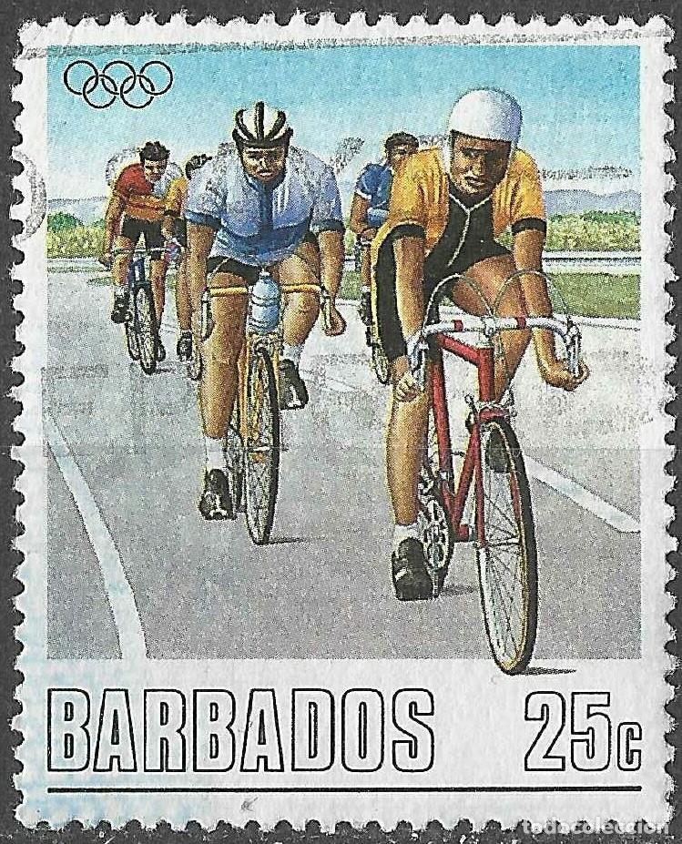 Sellos: BARBADOS/1988/USED/SC#727/ JUEGOS OLIMPICOS DE SEUL/ DEPORTES / 25c CICLISMO