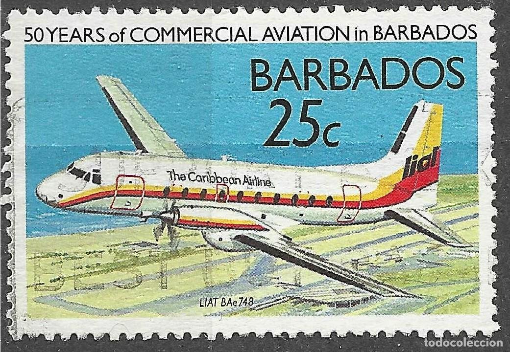 Sellos: BARBADOS/1989/USED/SC#739/ AVIACION COMERCIAL 50&ordm; ANIV./ 25c AEROLINEA LIAT BAe748