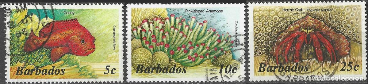 Sellos: BARBADOS/1985-7/USED/SC#642-3, 646d, / VID MARINA / PECES