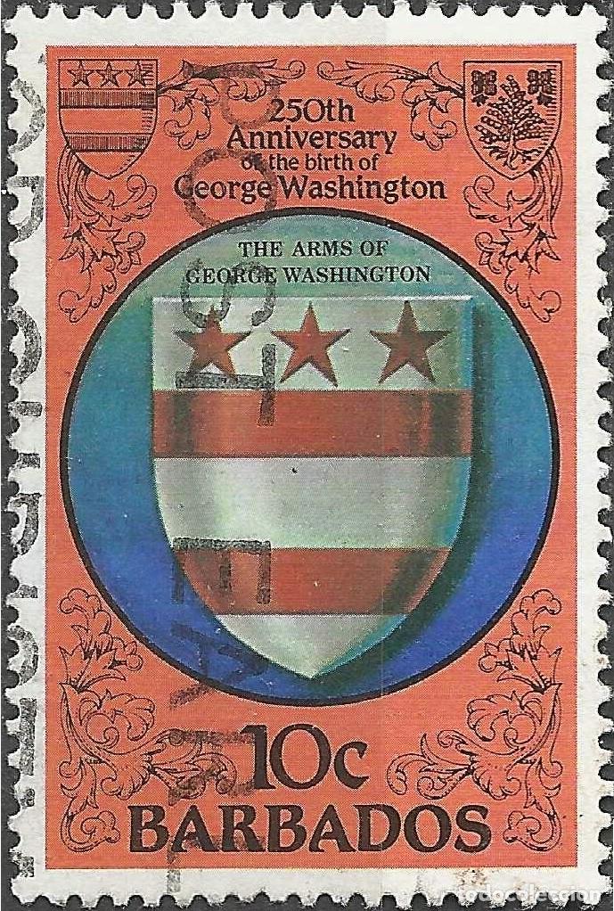 Sellos: BARBADOS/1982/USED/SC#594/ 250&ordm; CUMPLEA&Ntilde;OS DE WASHINGTON/ 10c ESCUDO DE ARMAS