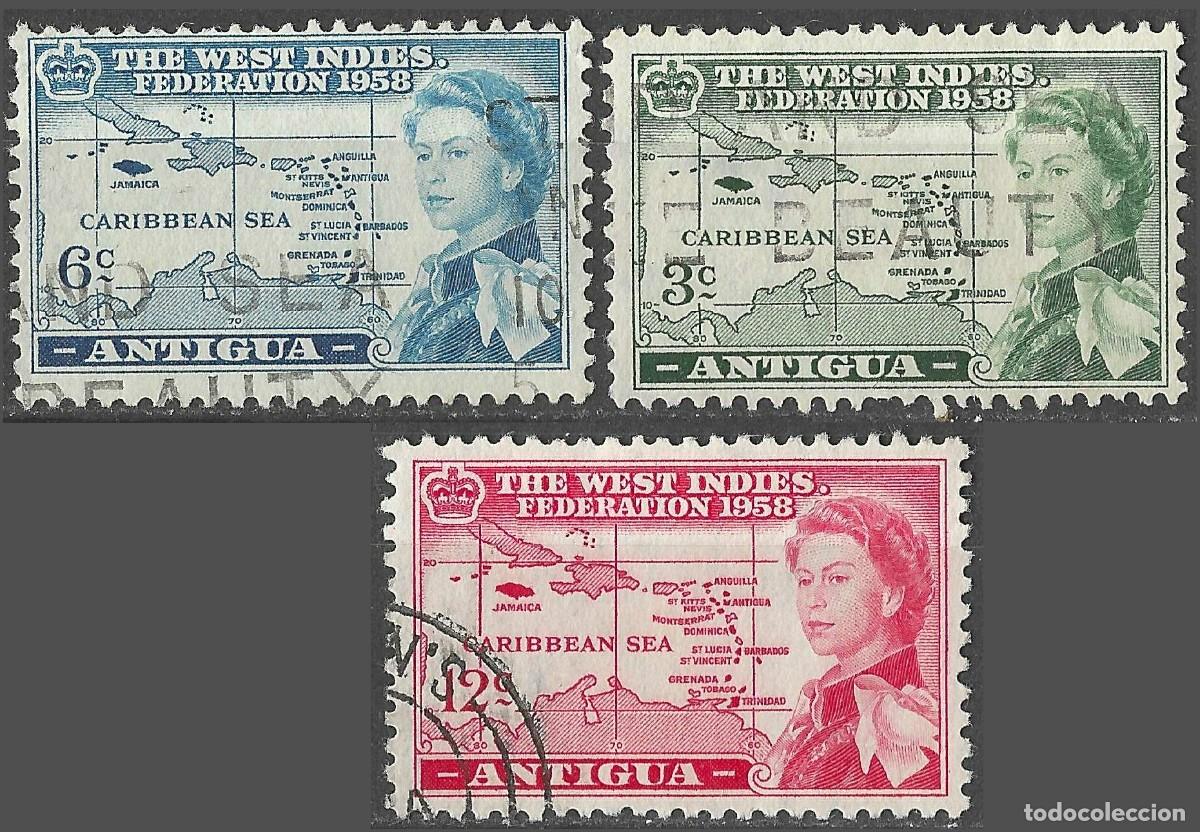 Sellos: ANTIGUA/1958/USED/SC#122-4/ REINA ELIZABETH / QEII / EMISION FEDERACION DE LAS WEST INDIES/ FULL SET
