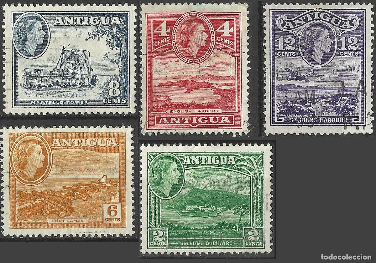 Sellos: ANTIGUA/1953-6/USED/SC#109, 111, 113-5/ REINA ELIZABETH II / QEII/ PAISAJES